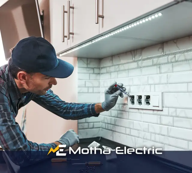 Motha Electrician working on electrical lighting switches during remodeling in Middlesex County, MA.