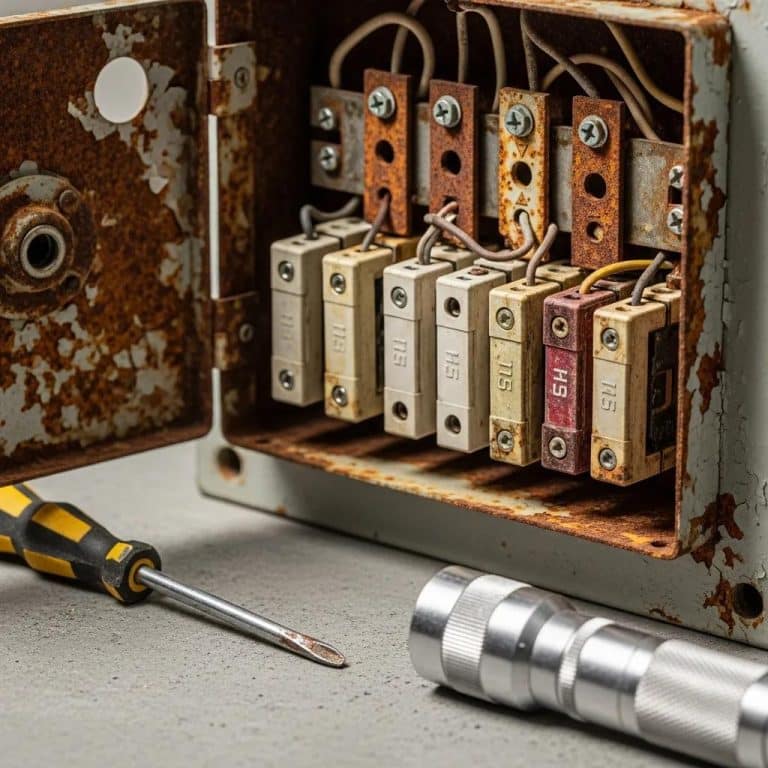Older electrical panel and fuse box showing wear and corrosion up close