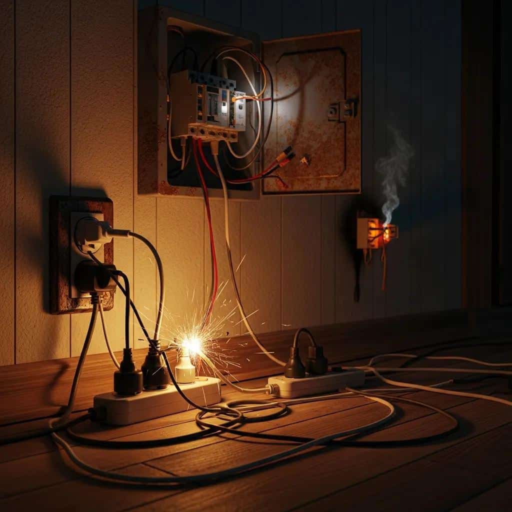 Common electrical hazards in a home, highlighting the need for inspections