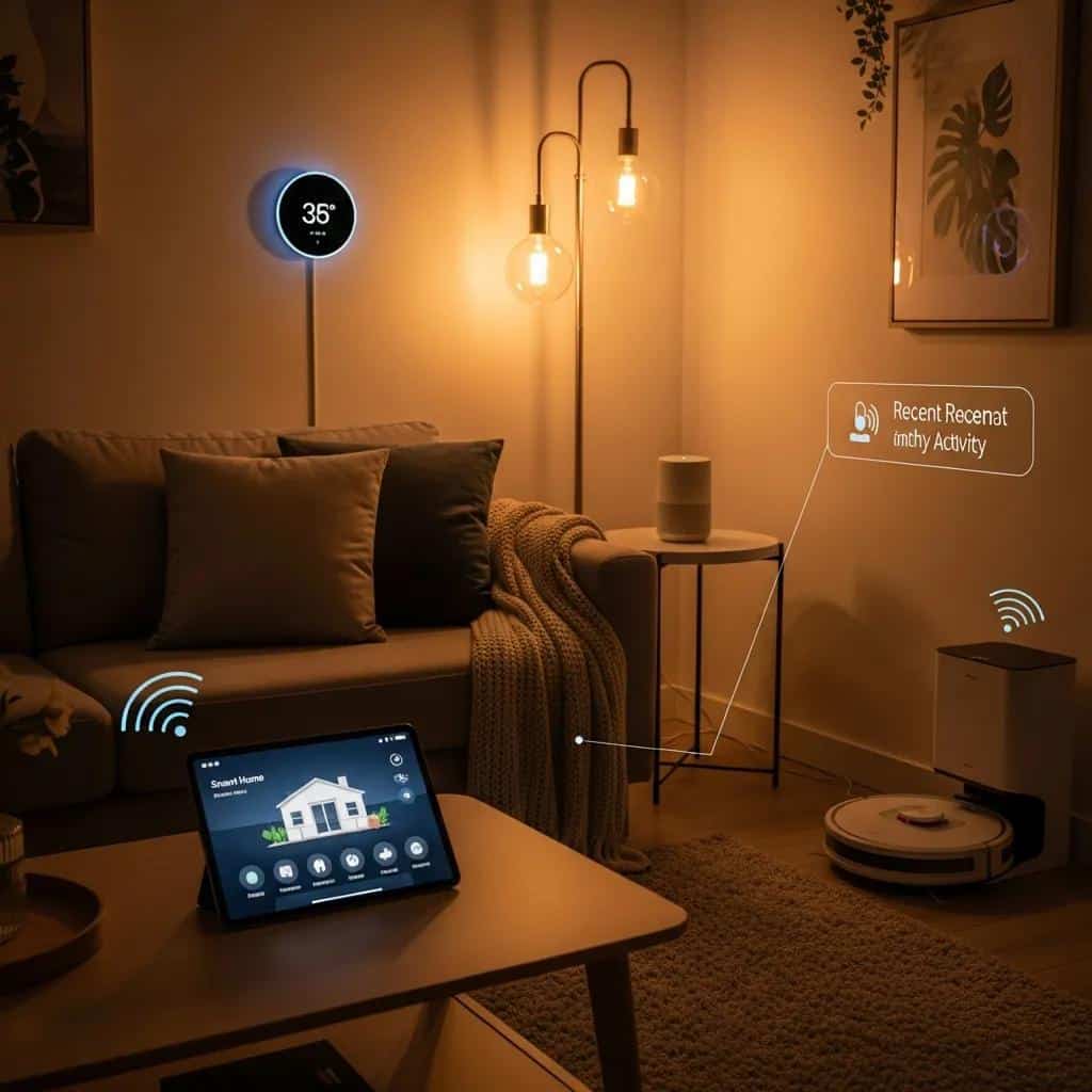 Cozy living room with smart home technology, illustrating modern electrical services