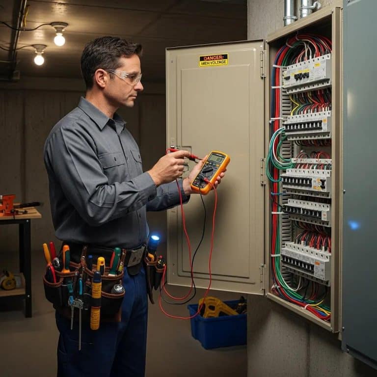 Electrician inspecting an electrical panel during a safety inspection