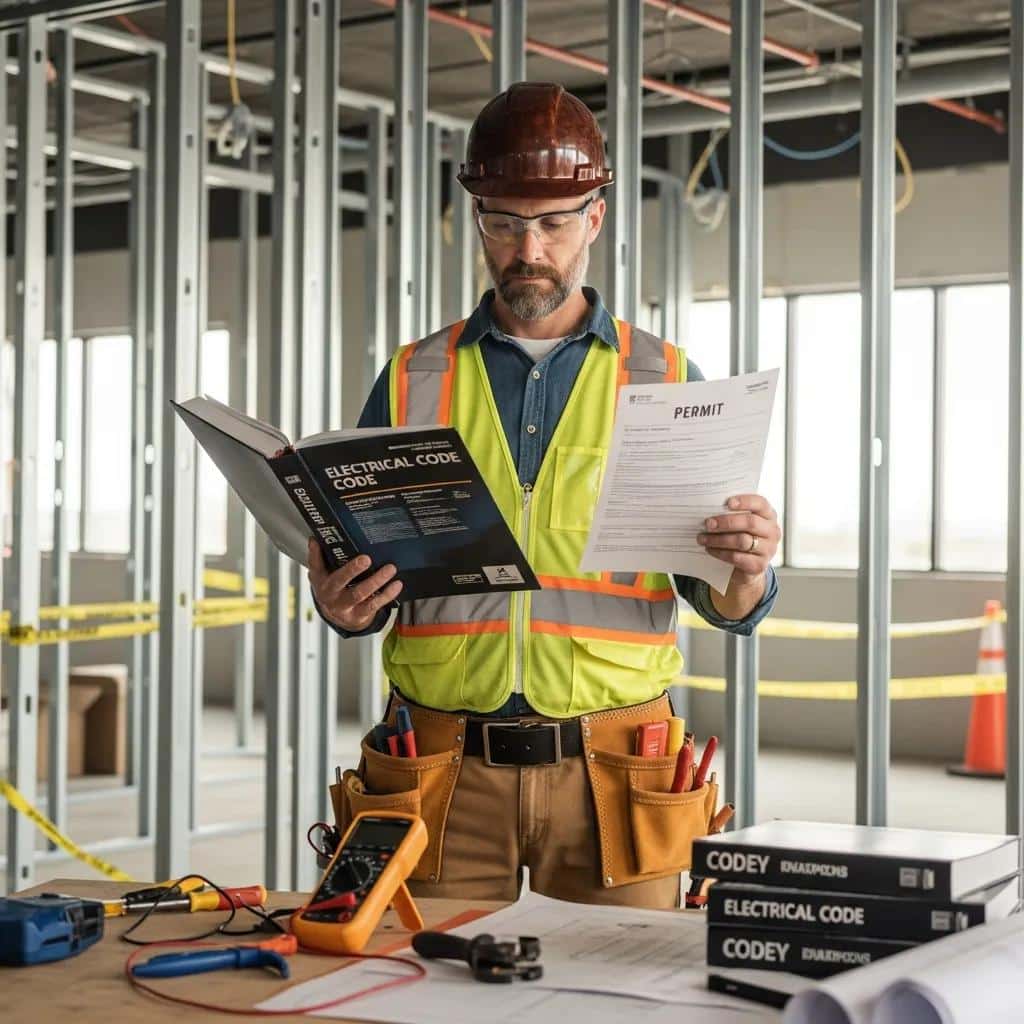 Electrician reviewing Massachusetts electrical codes and permits at a construction site