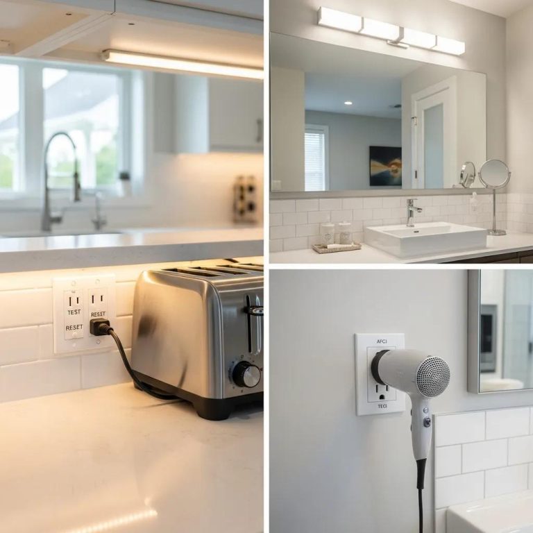 GFCI and AFCI outlets installed in a modern kitchen and bathroom, emphasizing electrical safety