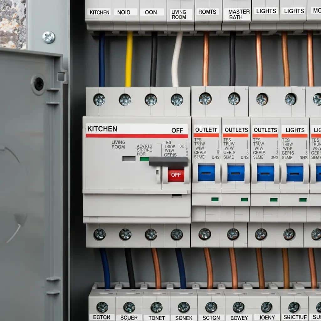 Close-up of a tripped circuit breaker switch in a residential panel