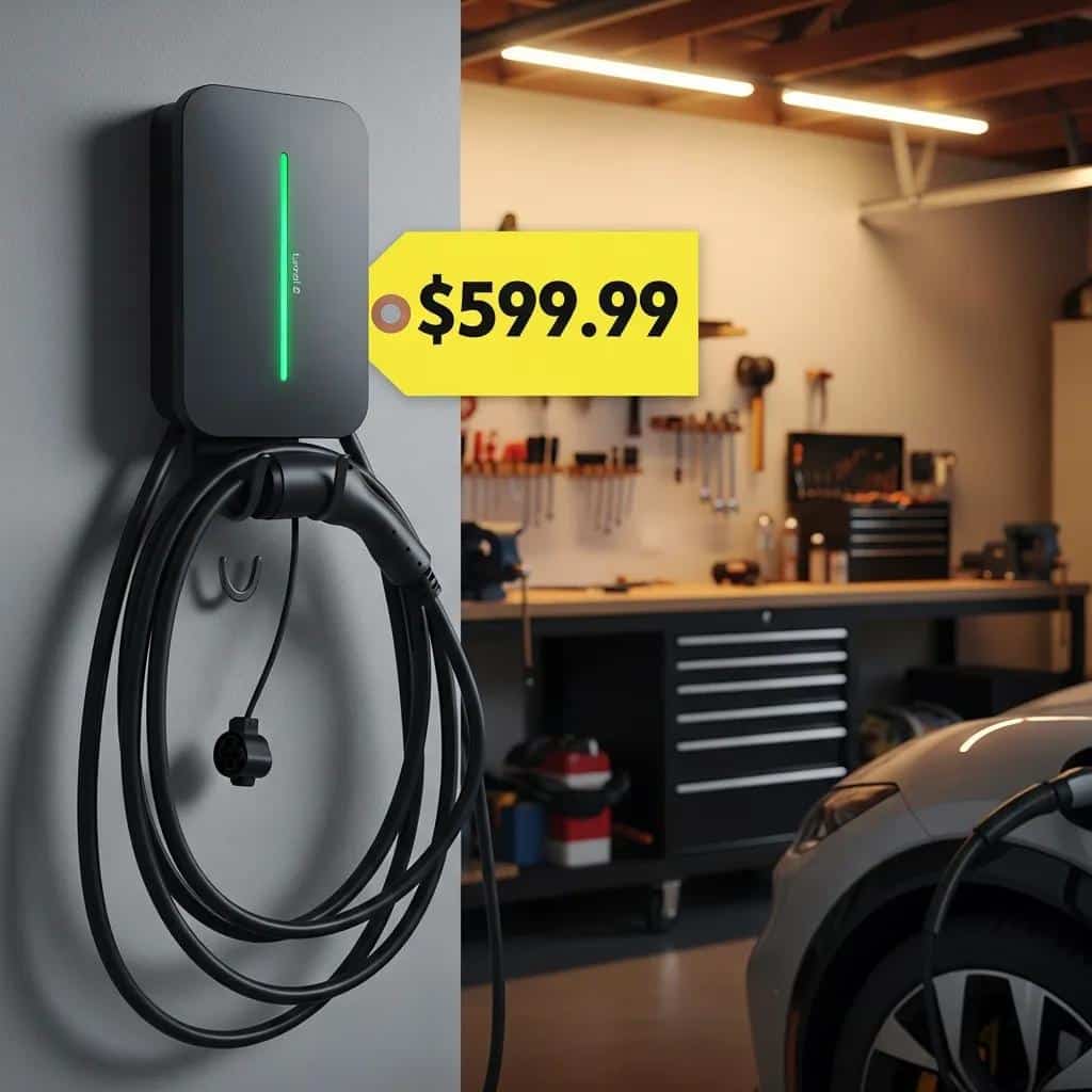 Close-up of Level 2 EV charger with price tag in a garage setting