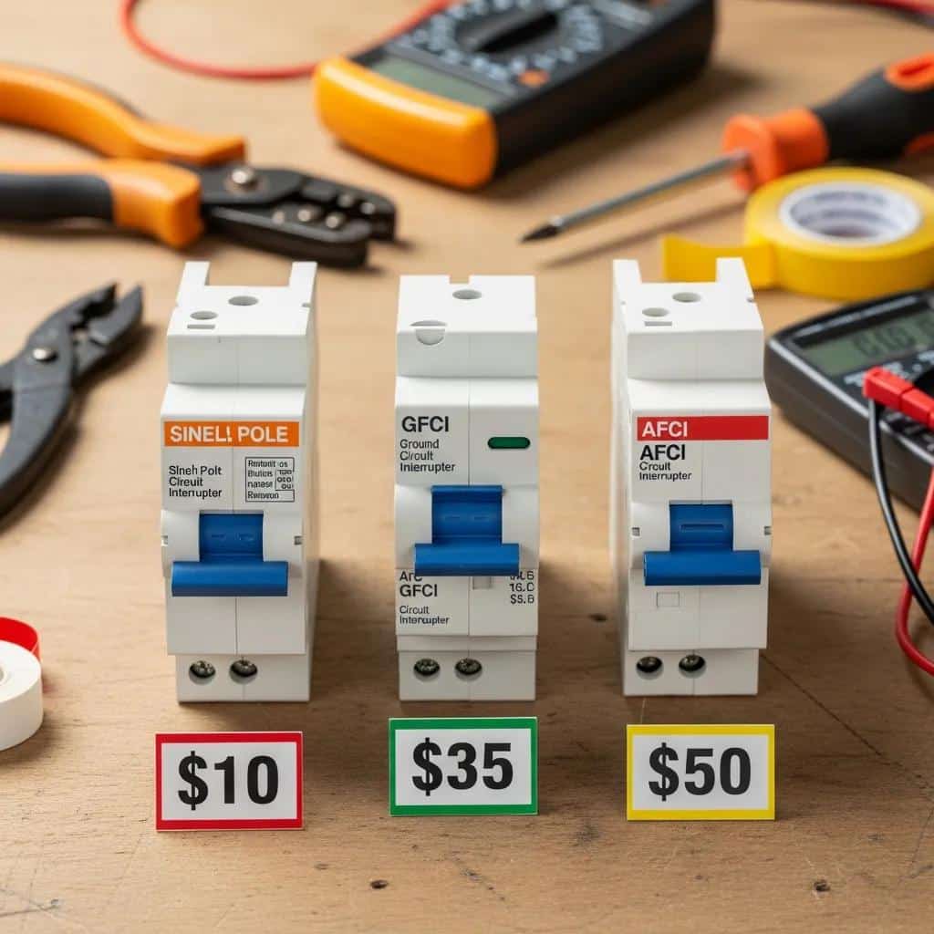 Different types of circuit breakers on a workbench with price tags