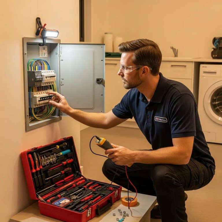 Electrician inspecting a circuit breaker panel for safety and reliability