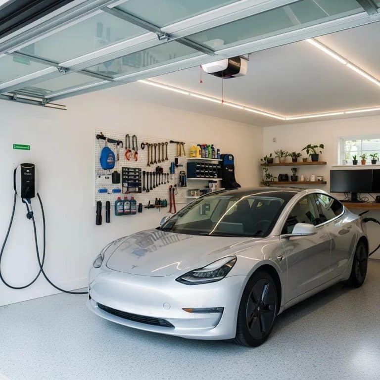Home garage with electric vehicle charging station and sleek electric car