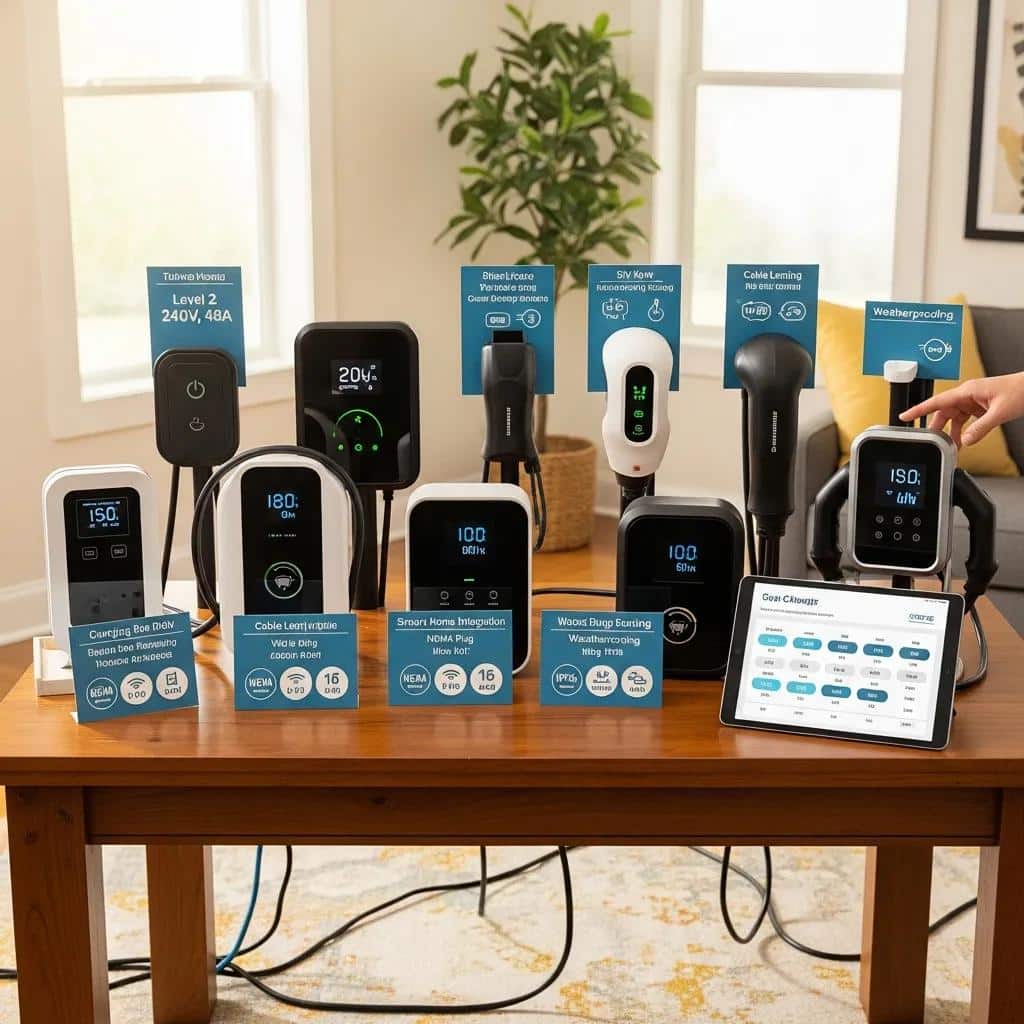 Variety of EV chargers displayed for selection in a home environment